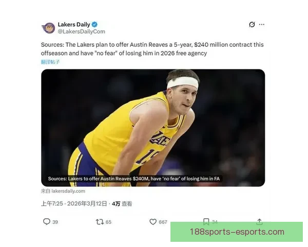 今夏多队争抢湖人里夫斯 有望获得2至3年顶薪合同